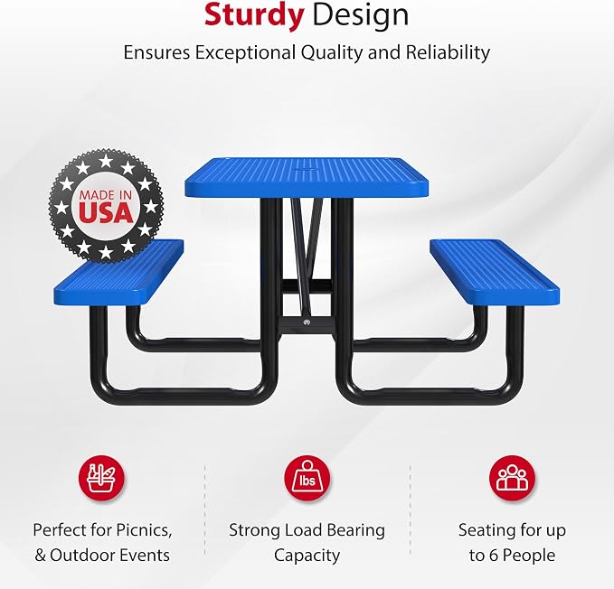 Leisure Craft Metal Picnic Table with Bench - 6 ft Rectangle Outdoor Dining Table for 6, Umbrella Hole, Weatherproof Heavy Duty Thermoplastic Coating, Commercial Grade Furniture Made in USA - Blue