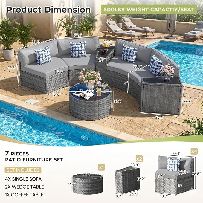 ABCASA Outdoor Patio Furniture Set with Coffee Table,7 Pieces Half-Moon Curved Outdoor Sectional Sofa and Side Table Waterproof Cover, Wicker Rattan Patio Coversation Set for Porch,Backyard(Grey)