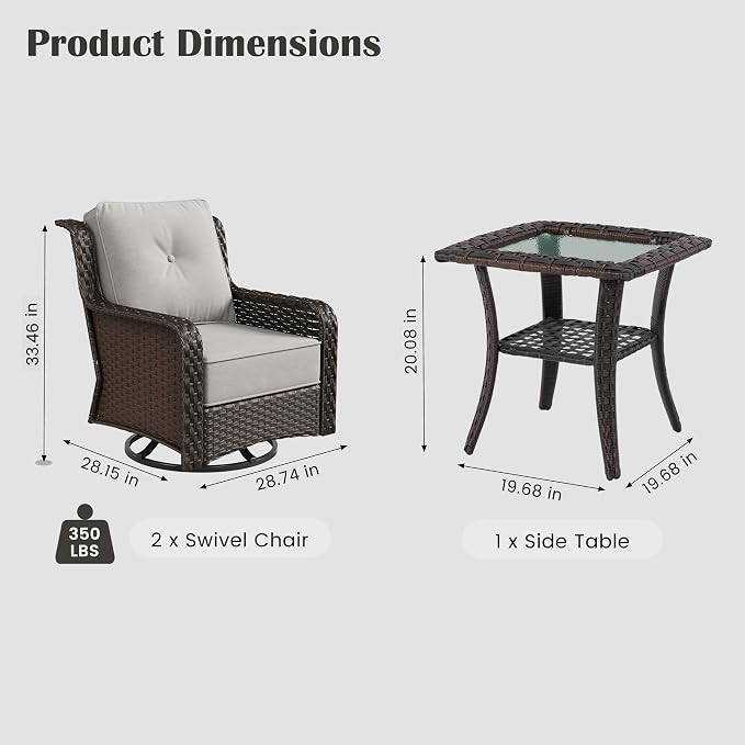 Sundale Outdoor 3 Piece Patio Furniture Set with Side Table, Wicker Outdoor Swivel Chairs with 6" Cushions, High Back Rattan Patio Conversation Sets with Deep Seating for Porch, Yard (Grey)