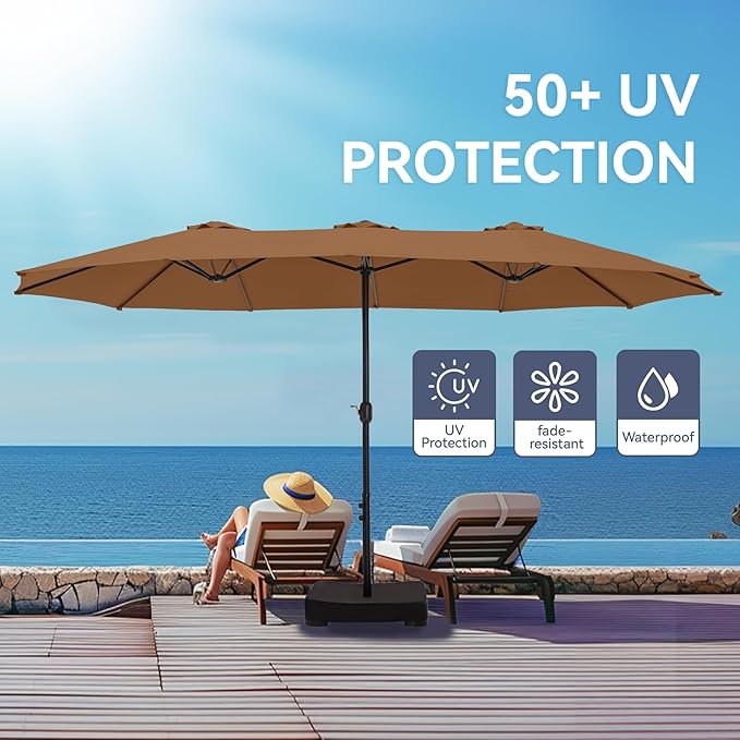 GREEN PARTY 15 ft Rectangular Patio Umbrella with Base Included, Large Double-Sided Outdoor Table Umbrella with Crank, 1.9" Pole UPF 50+ UV Resistant for Pool Deck Backyard Garden, Tawny