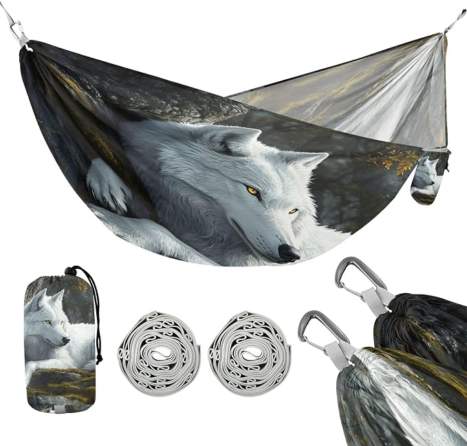White Wolf in Forest Camping Hammock, Portable Lightweight Single Hammock with 3 Straps and Aluminum Carabiners, 114" x 54" Travel Hammock for Hiking Backpacking Beach