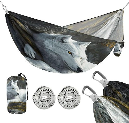 White Wolf in Forest Camping Hammock, Portable Lightweight Single Hammock with 3 Straps and Aluminum Carabiners, 114" x 54" Travel Hammock for Hiking Backpacking Beach