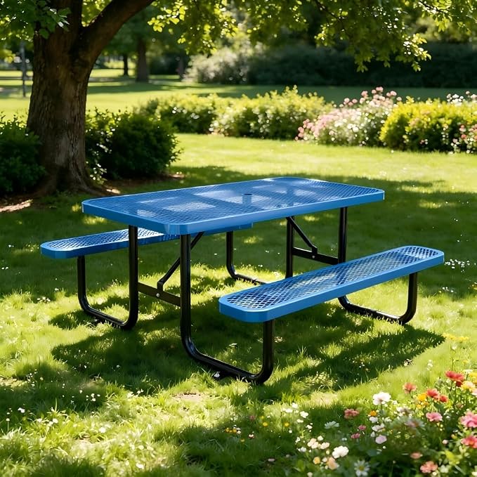 KEIKI 72" Heavy-Duty Metal Picnic Table with Benches, Commercial Outdoor Steel Table with 2.12" Umbrella Hole, 2.5mm Mesh Top, Rust-Resistant Coating, Patio Backyard Park Dining Furniture, Blue