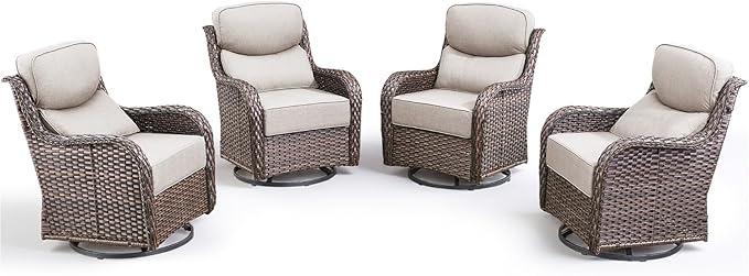 Luxury Outdoor Swivel Rocker Patio Chairs-4 Pieces High Back Swivel Rocker Patio Chairs with Thick Cushions All Weather Wicker Outdoor Furniture Set for Deck Porch Balcony(Brown/Beige)