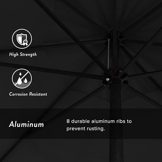 California Umbrella 12-Year Protection 9' Rd Aluminum Patio Umbrella, Crank Lift, Auto Tilt, Black Finish, Sunbrella Black