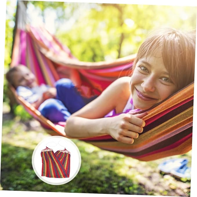 Rainbow Striped Single Traveling Hammock with Anti-tip Design, Canvas Cotton Outdoor Swing for Camping and Leisure, Red Wide Seat Portable Garden Hammock