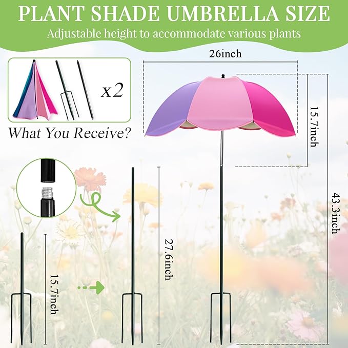 Colorful Plant Umbrellas for Outdoor Plants, Large (40") Sun Protection Shade Cover with M-Shaped Insert, Garden Shades for Potted Plants, Garden Beds, Patio Flower (2 Pcs)