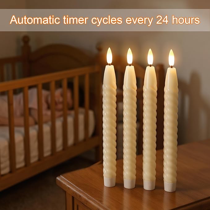 Flameless Taper Candles Real Wax Flickering with Remote Timer, Pastel Ivory 3D Wick LED Spiral Candles Battery Operated 6 Pack 9.8 inch, Wedding Birthday Home Party Holiday Dinner Decor