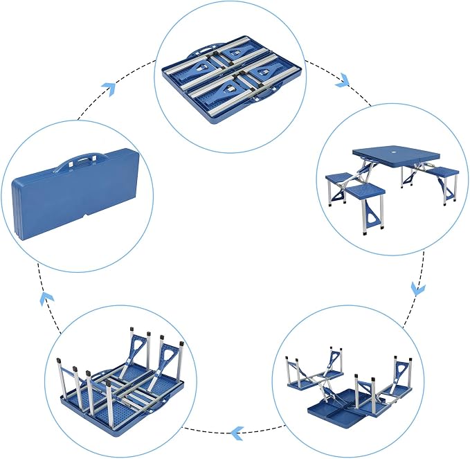 Portable Foldable Camping Picnic Table Set with Four Chairs and Umbrella Hole, 4-Seats Aluminum Fold Up Travel Picnic Table for Indoor, Outdoor Travel, Patio, Lawn, Garden