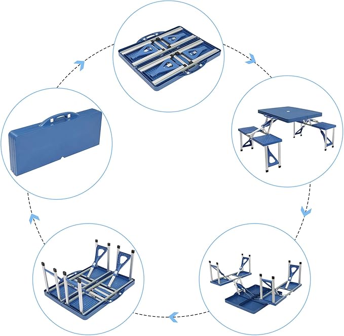 Picnic Table,Folding Picnic Table with Umbrella Hole, Aluminum Suitcase Portable Outdoor Table with Bench, Patio, Porch or Camping Table and Chair Set (Blue, Plastic PS Thickened)