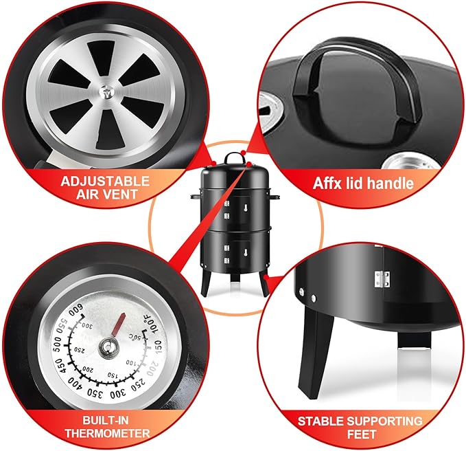 T001-2 19-inch BBQ Charcoal Smoker, Heavy Duty Round Smoking-Vertical Multi-Layer Pellet Smoker for Meats-Offset Charcoal Grill with Thermometer, Black