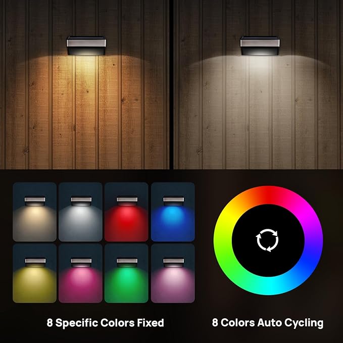 Solar Deck Lights 8 Pack Outdoor Waterproof - Step Lights for Stairs & Fence, 8 Color Changing Security Lighting with Auto On/Off, Wall Lights for Patio/Yard/Pathway (Warm/Cool White + RGB)