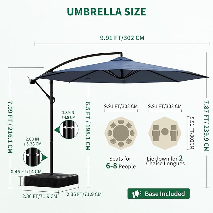10FT Patio Umbrella with Base, Outdoor Umbrella Pool Umbrella Cantilever Umbrells - UV Protection, Easy Tilt & 360° Rotation for Poolside, Backyard & Garden