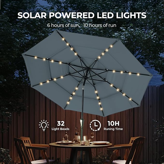 HOMSHADE 9FT 3-Tier Solar Patio Umbrella Heavy Duty,Vented Market Table Umbrella Windproof w/32 LED Lights,UPF50+,5-Year Fade Resistant,8 Thicker Ribs for Pool,Lawn,Garden,Deck (Grey,No Base)