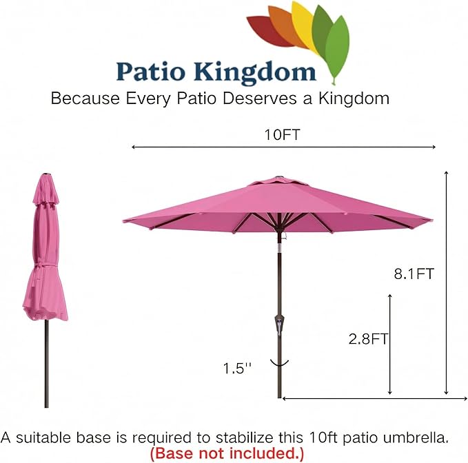 10FT Patio Umbrella Outdoor Market Umbrella with Crank and Tilt, 8 Flexible Fiberglass Ribs, UV-Resistant Waterproof Canopy for Patio, Deck, Garden, Backyard, Rose Pink