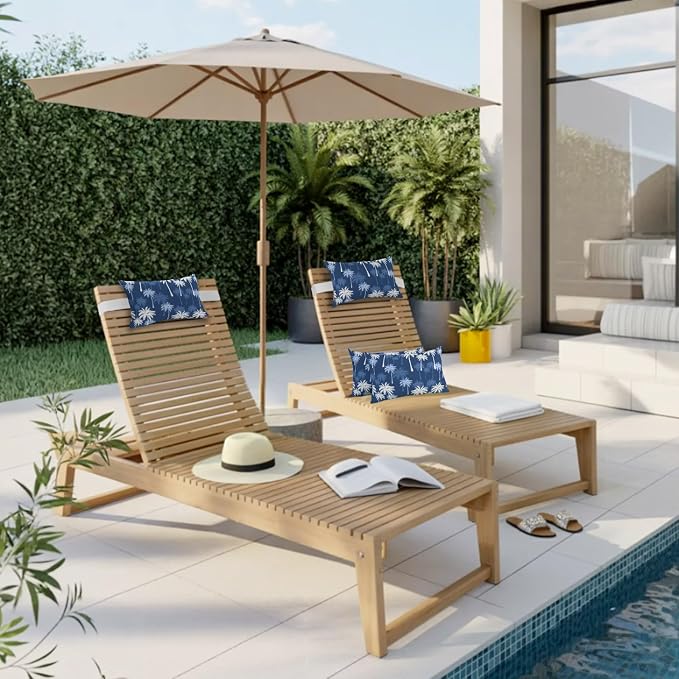 Tropical Palm Tree Outdoor Pillows for Chaise Lounge Chair Waterproof Lumbar Pillows with Insert&Adjustable Elastic Strap Beach Headrest Pillow Navy Blue White Plants Coastal Leaf Pool Pillow 12"x20"