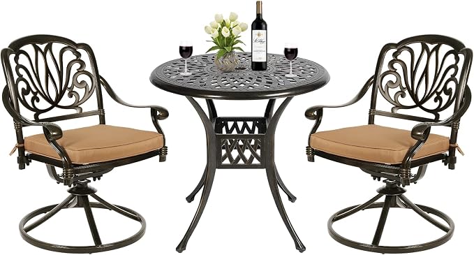 MEETWARM 3-Piece Outdoor Patio Dining Set, All-Weather Cast Aluminum Patio Conversation Set for Backyard Garden Deck with 2 Cushions Swivel Rocker Chairs and 31" Round Table, 2.2" Umbrella Hole