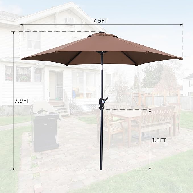 7.5FT Patio Umbrella, Outdoor Table Umbrella, Market Umbrella with Push Button Tilt and Crank for Garden, Lawn, Deck, Backyard & Pool