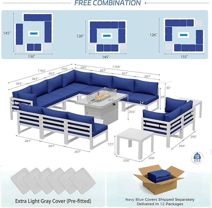 NICESOUL 15 Piece XL Aluminum Patio Sectional Furniture Set with Fire Pit & Side Table, 500 lbs Heavy Duty Outdoor Sofa, 29" Extra Deep Seating, High End Conversation Couch for Poolside, Navy Blue