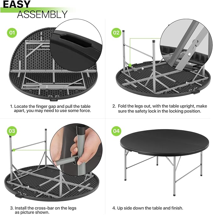 Magshion 60" Round Folding Table, 5 Feet Bi-Folding Plastic Commercial Dining Card Table w/Carrying Handle for Outdoor Wedding Party Event Picnic, Black
