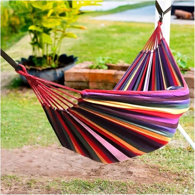 Canvas Hammock Outdoor Thickened Anti-Rollover Sleeping Swing Hanging Tree Camping(Bent Wood Blue Suit)