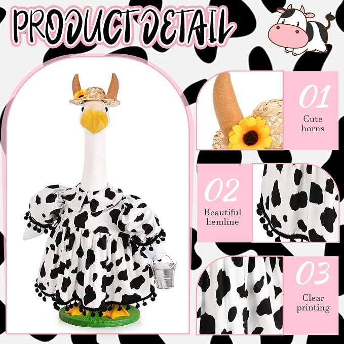 Honic Cow Porch Goose Outfits Funny Farmhouse Goose Costume with Dress Hat and Mini Milk Bucket for 23 Inch Cement or Plastic Goose for Spring Summer Outdoor Garden Yard Patio Lawn Decor