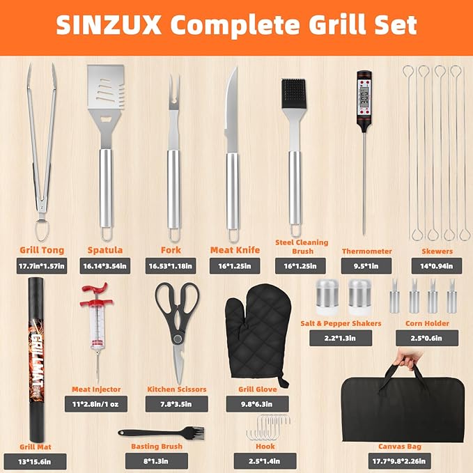 BBQ Grill Accessories, 32Pcs Grilling Gifts for Men Birthday Fathers Day, Heavy Duty Stainless Steel Grill Tool Set, Grill Utensils Kit for Outdoor Grill with Case, Thermometer & Meat Injector
