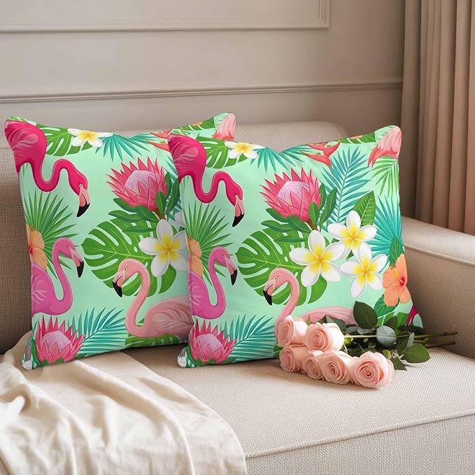 Pink Flamingos Outdoor Pillow Covers 20"x20" Set of 2, Tropical Palm Leaf Hibiscus Flower Green Plant Waterproof Throw Pillow Covers for Patio Furniture, Decorative Cushion Covers for Porch