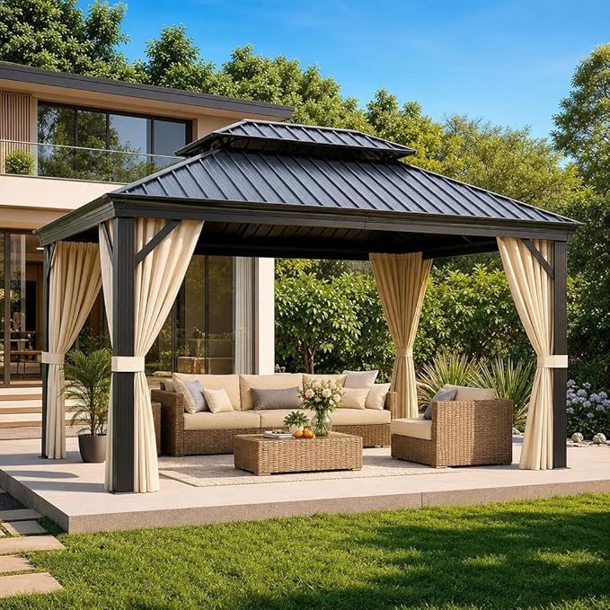 12'X14' Hardtop Gazebo, Metal Double Roof Aluminum Gazebos with Curtain and Netting, Permanent Galvanized Steel Pavilion, Heavy Duty Poles for Patio, Deck, Backyard, Lawn, Garden, Brown