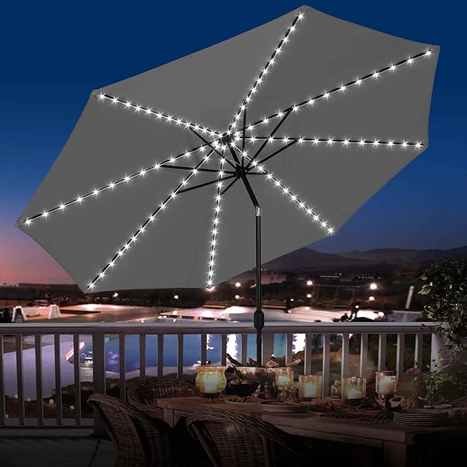 Sundale Outdoor Solar 88 LED 10 ft Patio Umbrella with Sand Bag Umbrella Base, Outdoor Umbrella with Tilt and Crank, Dark Grey