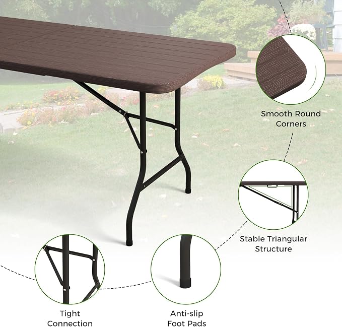 Giantex 6ft HDPE Folding Table, Outdoor Indoor Foldable Table with Metal Legs, Fold-in-Half Portable with Handle for Picnic, Camping, Banquet, Party Event (Brown)