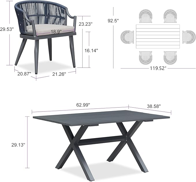 PURPLE LEAF 7 Pieces Outdoor Dining Set All Weather Wicker Patio Dining Set with Rectangular Aluminum Table and Modern Armrest Dining Chairs for Garden Deck Backyard Kitchen, Grey