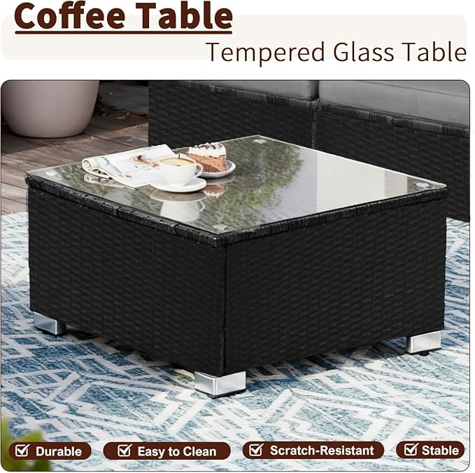 7 Pieces Patio Furniture Set - All-Weather Outdoor Rattan Sectional Conversation Sofa, Wicker Patio Seating Sofa Set with Cushion and Glass Table for Garden, Porch Poolside, Grey/Black