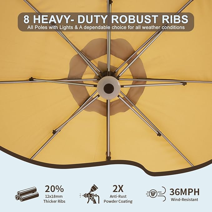 Domi 10FT Cantilever Patio Umbrella Solar Powered LED Round Deluxe Offset Umbrella, Aluminum Hanging Umbrella with 360°Rotation, Outdoor Market Umbrella for Outside Deck Backyard Garden Pool, Beige