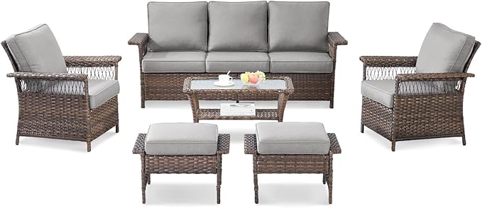 Outdoor Wicker Patio Furniture Set - 6 Piece Rattan Patio Conversation Sets with 2 Armrest Chairs,2 Ottomans,1 Sofa and 1 Coffee Table for Porch Deck Garden(Brown/Grey)