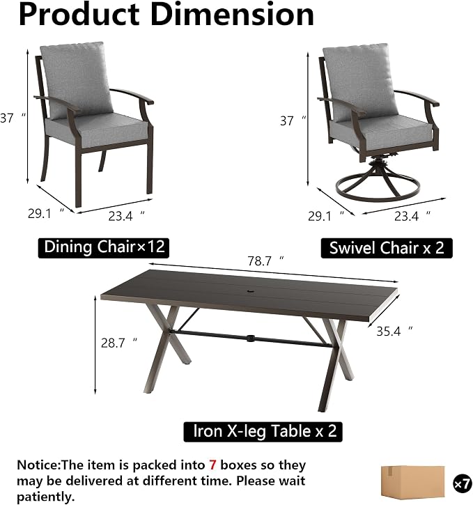 Kullavik 14PCS Outdoor Dining Set,Patio Dining Table and Chairs Set for 12,Fence Pattern Back Chairs with Thickened Cushions & Rectangular Metal Dining Table with Umbrella Hole for Patio,Grey