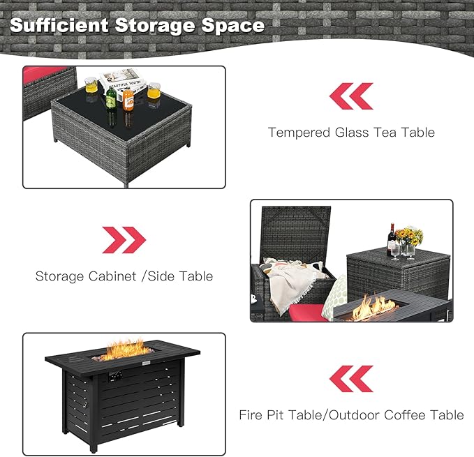 Tangkula 9 Pieces Patio Rattan Furniture Set, Patiojoy Sectional Sofa Set w/Fire Pit Table, Storage Box, Coffee Table, Outdoor Wicker Conversation Set w/ 42” ETL Approved Propane Fire Pit Table (Red)