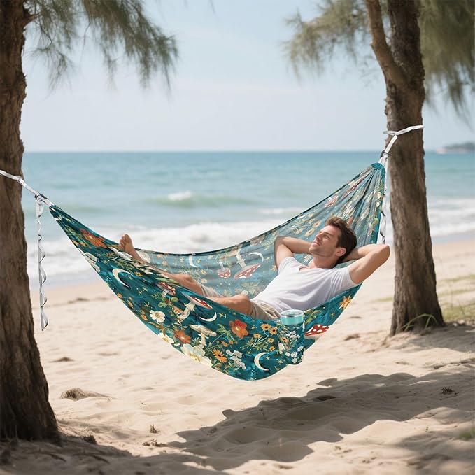 Camping Hammock Outdoor Hammocks for Outside Flowers Mushrooms Beach Trees Portable Lightweight with Pockets Tree Straps Indoor