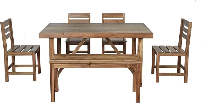 RuiSiSi Outdoor Dining Set for 6, Acacia Wood Patio Dining Table Set with Bench and 4 Chairs for Balcony, Backyard, Garden, Natural