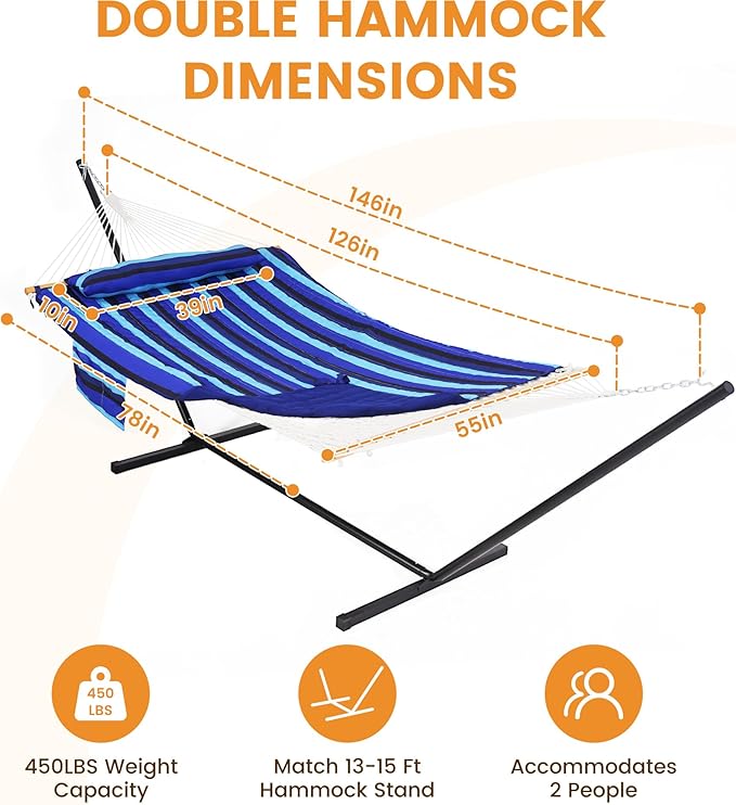 Lazy Daze Hammocks Rope Hammock with Pad, Spreader Bar, Carabiners, Tree Straps, Chains for Outside Patio- Max 450 Lbs, Navy Blue Stripes
