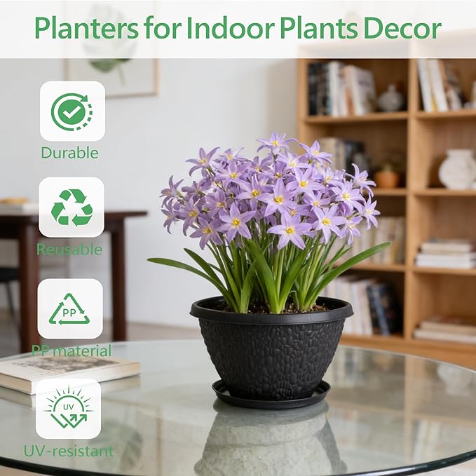 Nooulap 4 Pack 8 inch Plant Pots for Outdoor Indoor, Durable Flower Pots with Drainage, Indoor Outdoor Planters for Herbs Flowers (Black Pebbles Design)