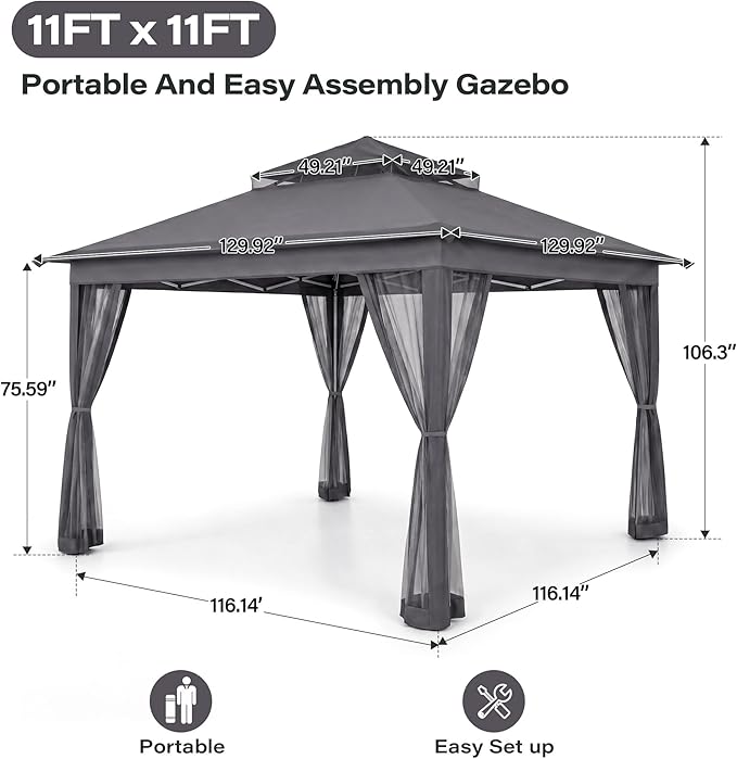 LAUSAINT HOME 11x11 Pop Up Gazebo with 50FT String Lights, Mosquito Netting, Instant One-Push Setup, Adjustable Height Outdoor Canopy Tent Shelter with Carry Bag for Patio, Backyard, Camping, Gray