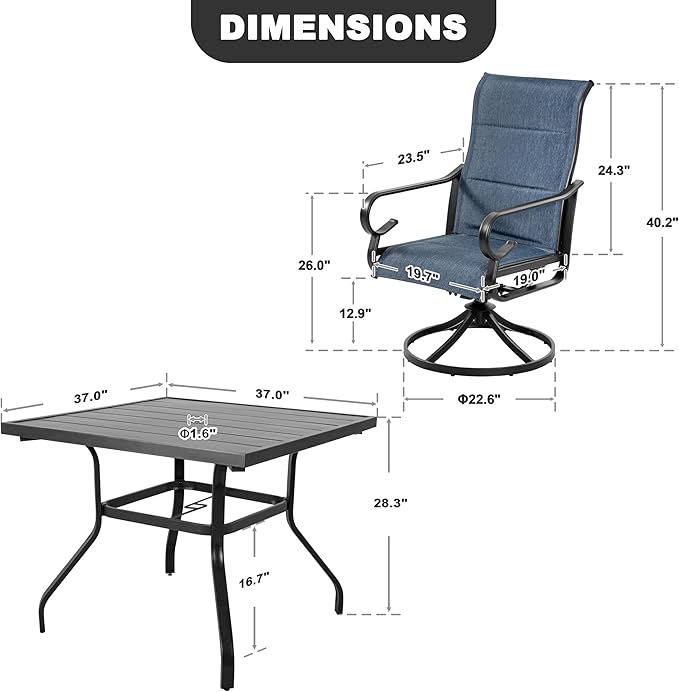 NUU GARDEN 5-Piece Breathable Textilene Outdoor Dining Set, Slatted Outdoor Table and Chairs with Swivel Base, All Weather Patio Furniture Set with Umbrella Hole for Backyard, Garden, Blue
