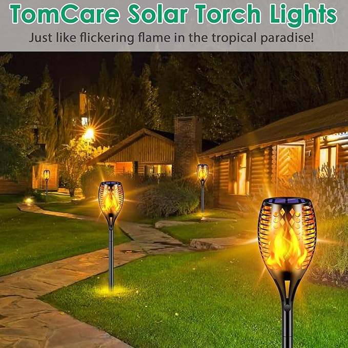 TomCare Solar Lights, 43" Waterproof Flickering Flames 96 LED Torches Outdoor Landscape Decoration Lighting Auto On/Off Pathway Lights for Garden Patio Yard, Black(2)