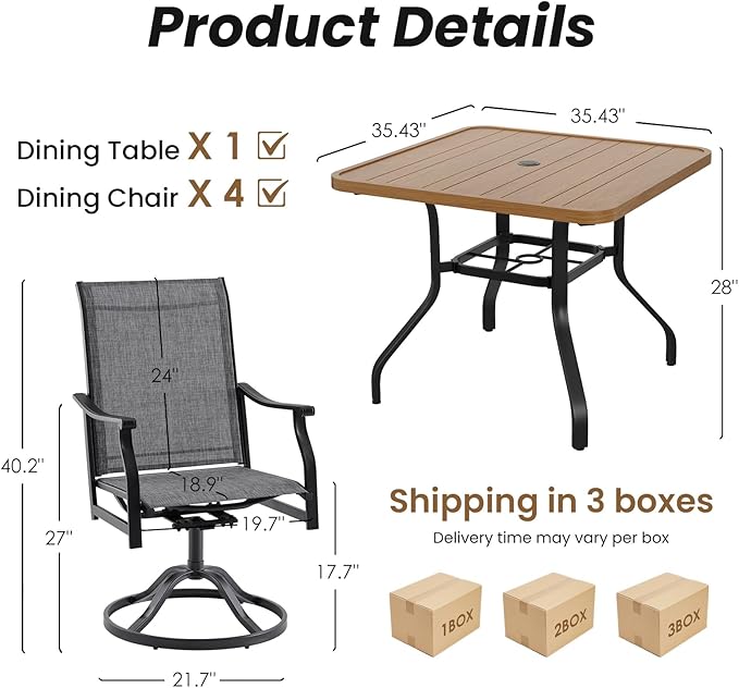 Soohow 5-Piece Outdoor Dining Set, Patio Dining Table and Chairs Set for 4, 4 x Swivel Patio Chairs and 35"x35" Dining Table with 1.57" Umbrella Hole, Wood-Like, Ideal for Poolside, Backyard, Deck