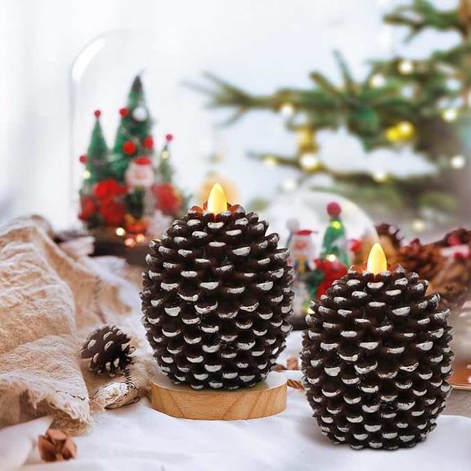 Wondise Flameless Candles with 6H Timer, Battery Operated Flickering Wick Real Wax Pine Cone Candles for Holiday Indoor Decoration, Set of 2, Brown(D3.5 x H4.7 Inch)