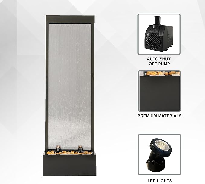 68 in H Freestanding Modern Indoor/Outdoor Waterfall Fountain w/Decorative Rocks, LED Lights & Auto-Shut Off Pump, Aluminum/Clear Glass, Black
