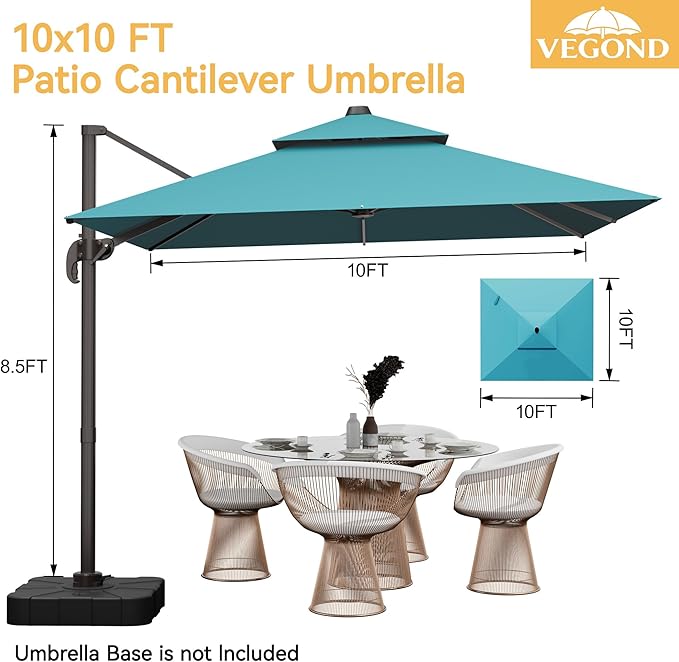 10x10 FT Patio Cantilever Umbrella (Base Not Included) (Base Not Included), Rectangular Heavy Duty Offset Umbrella for 6-8 People, 360°Rotation & Mult Tilt, Double Top Design, for Pool Garden Deck (Turquoise)