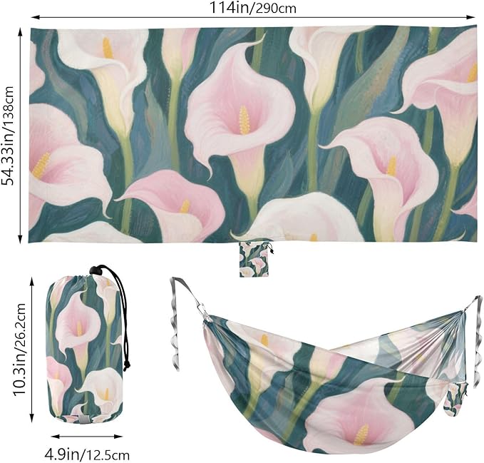 White and Pink Calla Lilies 330lb Capacity Camping Hammocks with Tree Straps Hanging Hammock for Outside Patio Backyard Poolside accesorios para campamento