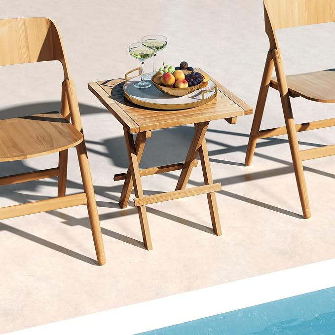 RELAX4LIFE Folding Outdoor Side Table - Teak Wood End Tables, 20'' Square Coffee Bistro Table w/Slatted Tabletop, Portable Picnic Camp Tables for Poolside Porch Garden, Foldable Small Patio Table
